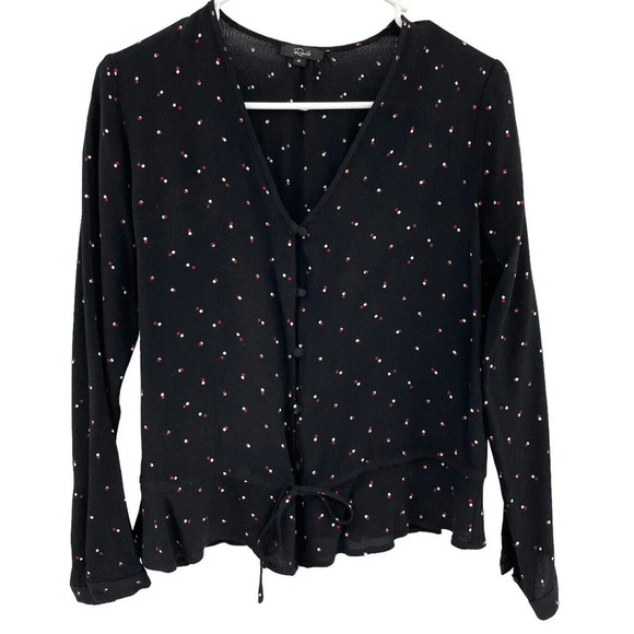 Rails Women's Top Beaux Blouse in Black Off Set Dot Long Sleeves Ruffle Hem Sz M - Picture 6 of 13